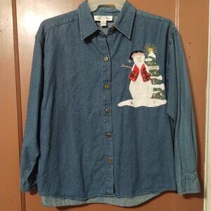 VINTAGE Natural Impressions Christmas Denim Shirt XL Long Sleeve Snowman Tree